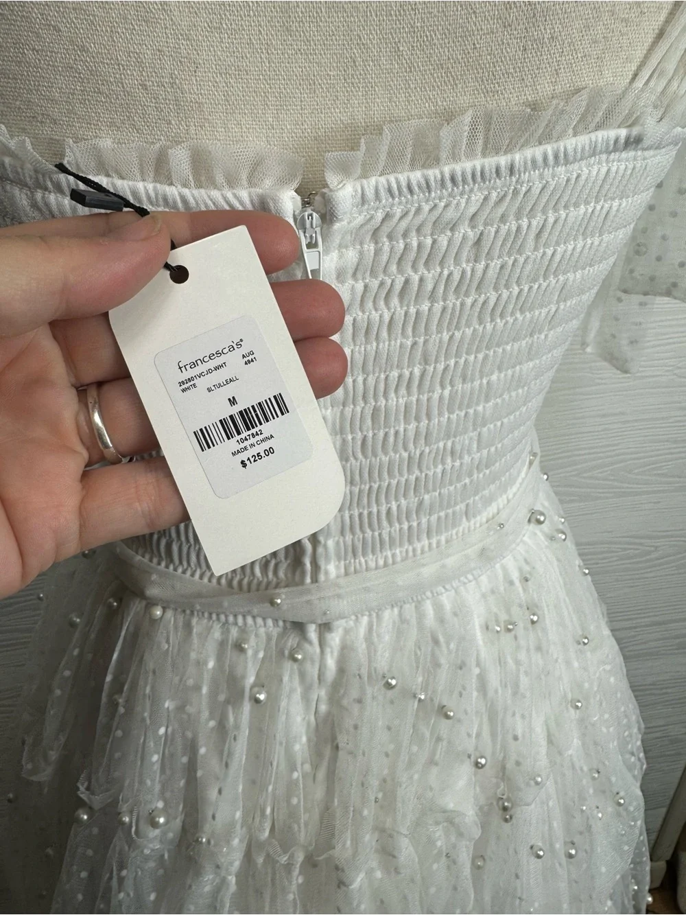 Francesca's Collections White Tie-Shoulder Tulle Pearl Mini Dress Medium - Picture 6 of 7